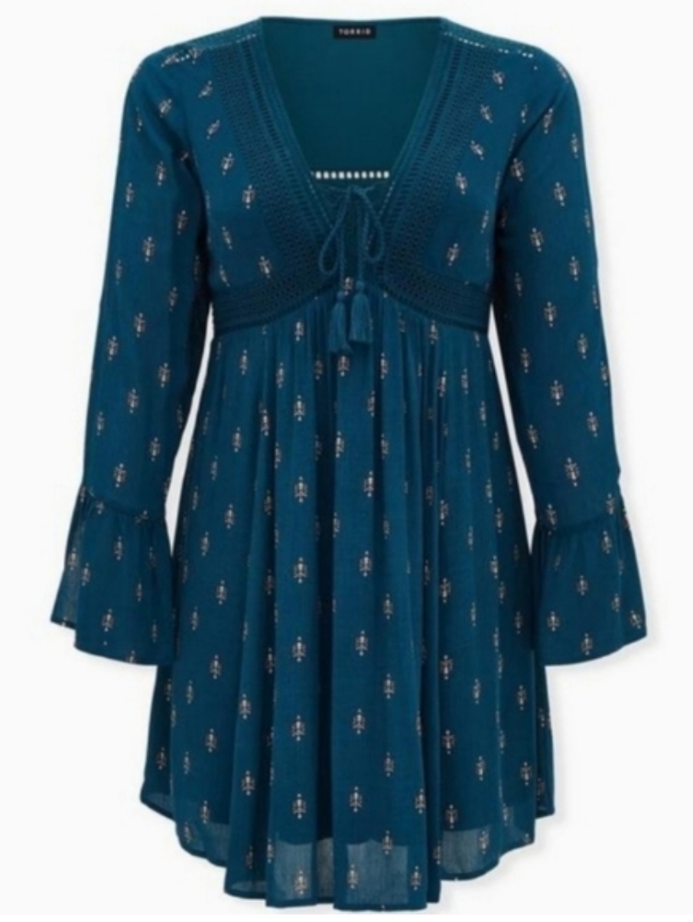 Torrid gauze boho split bell sleeve print mini lace front dress spring summer 2X